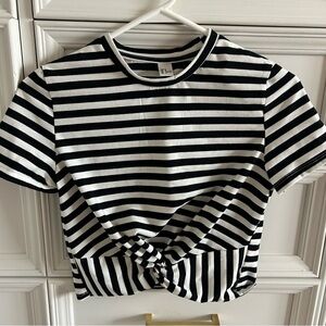 Zara Black & White Striped Twist-Front Short Sleeve Tee